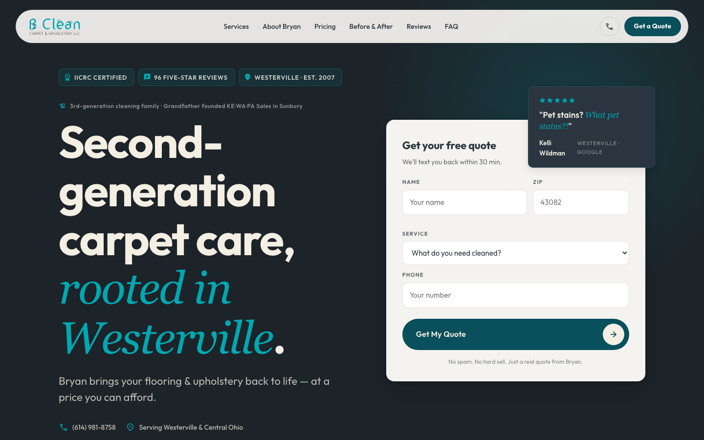 B Clean Carpet website